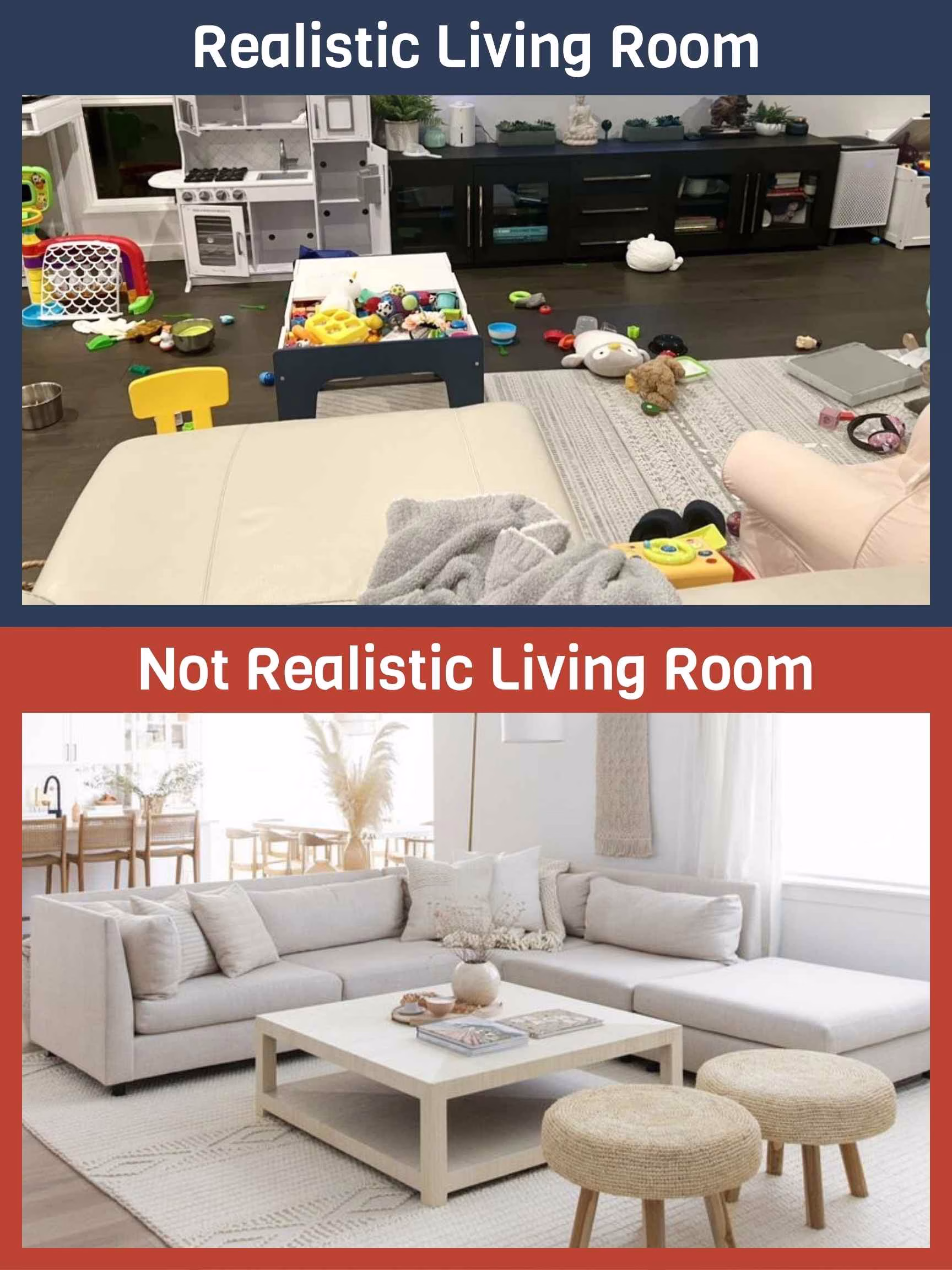 A somewhat messy, lived-in home compared to a Pinterest-perfect living room.
