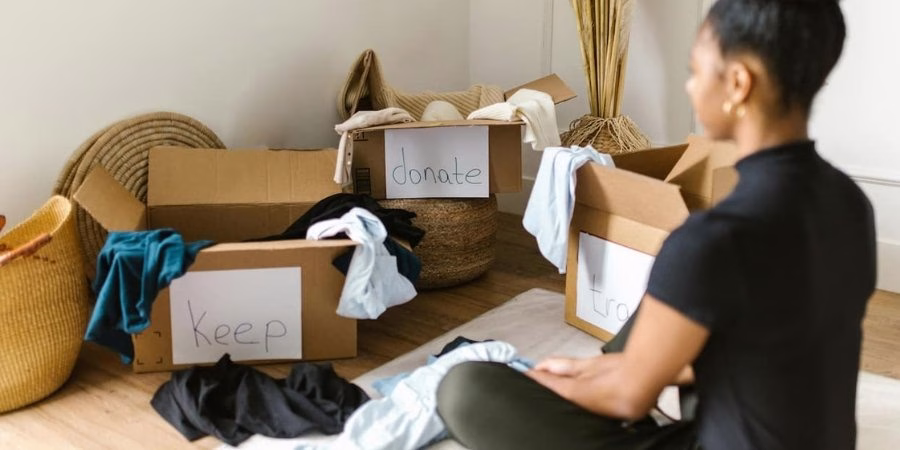 A woman decluttering by putting items in boxes labeled "trash" and "donate"