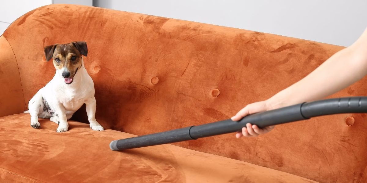 A person vacuuming a couch with a dog on it