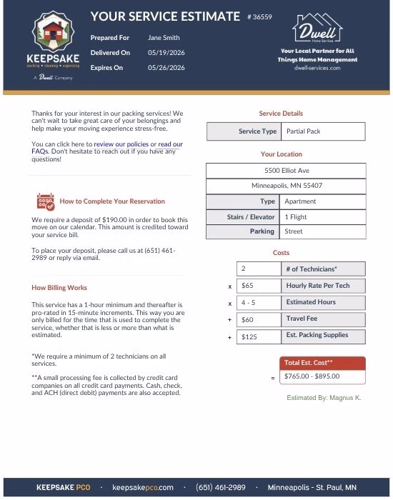 Cost of Packing Service Twin Cities A Keepsake estimate of the cost of a packing service in the Twin Cities